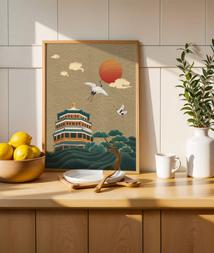 Traditional Asian art with cranes and temple at sunset