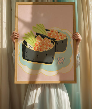 Illustration of sushi rolls with fish roe and avocado on a pastel background