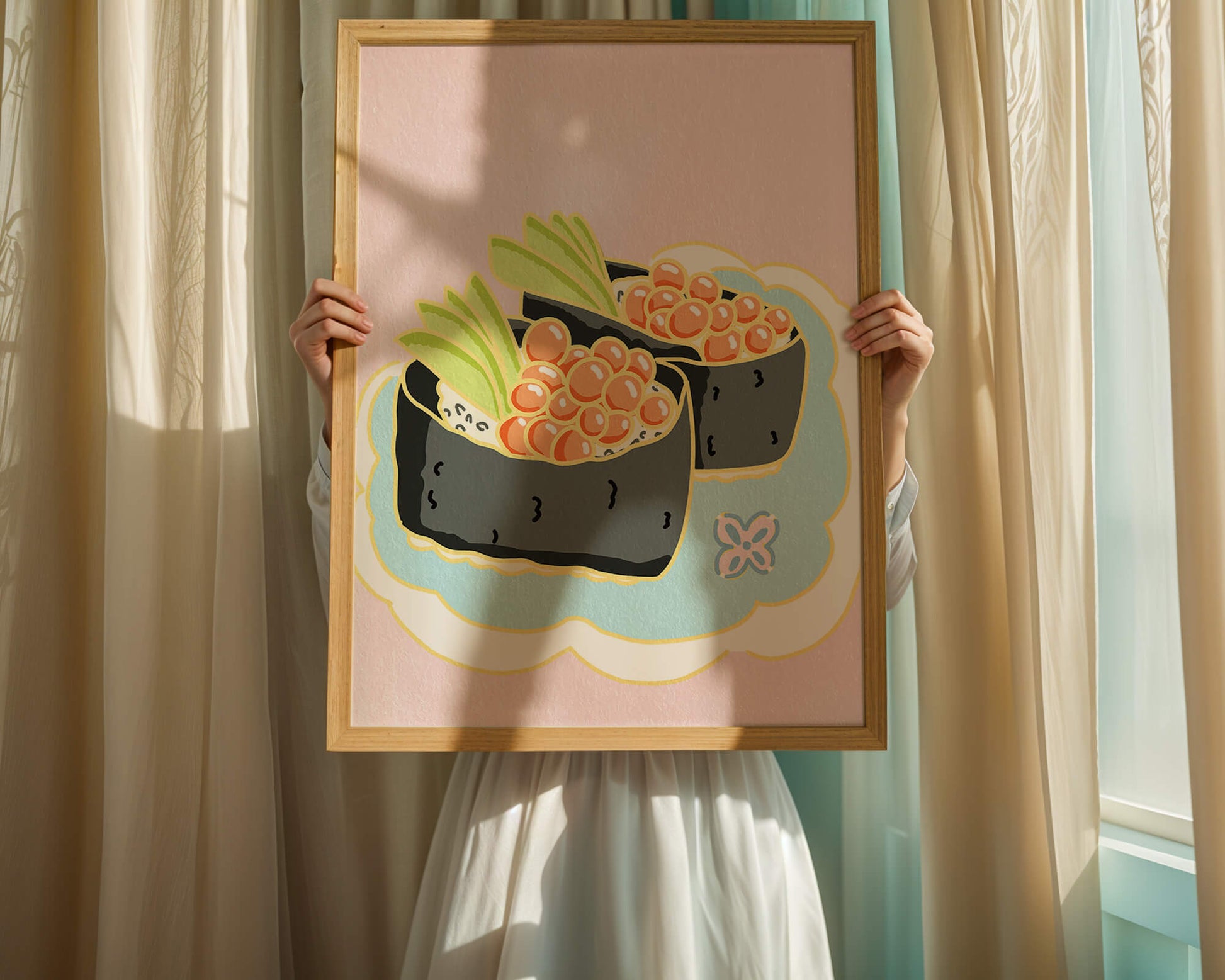 Illustration of sushi rolls with fish roe and avocado on a pastel background