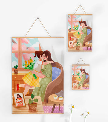 Cozy living room scene with mother and daughter hugging near window