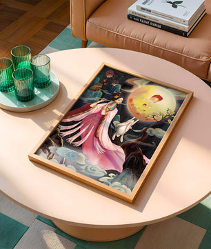Traditional Asian Art with Flute Player and Moon Rabbit