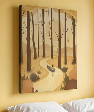 Serene autumn forest with river and boat in digital art scene