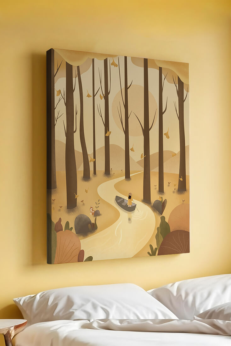 Serene autumn forest with river and boat in digital art scene