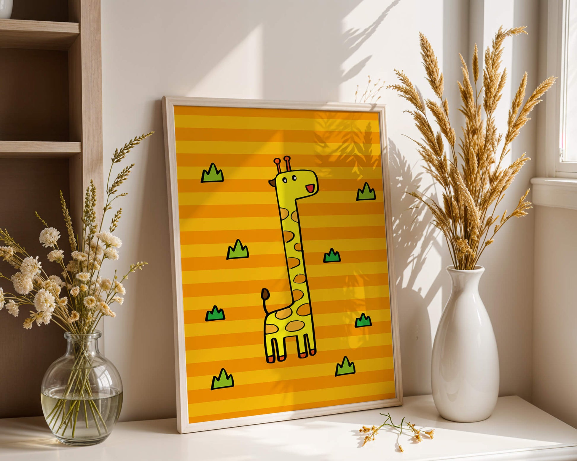 Bright cartoon giraffe illustration on a striped background