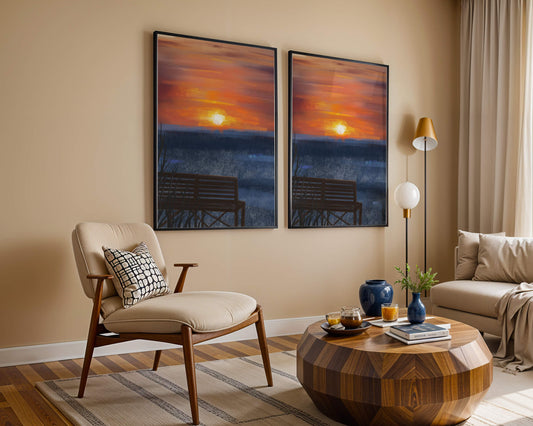 Serene sunset view with empty bench over calm waters