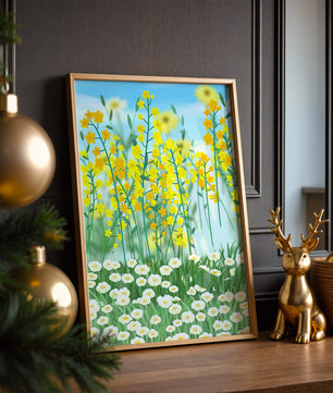 Frühlingwiese mit blühenden gelben und weißen Blumen