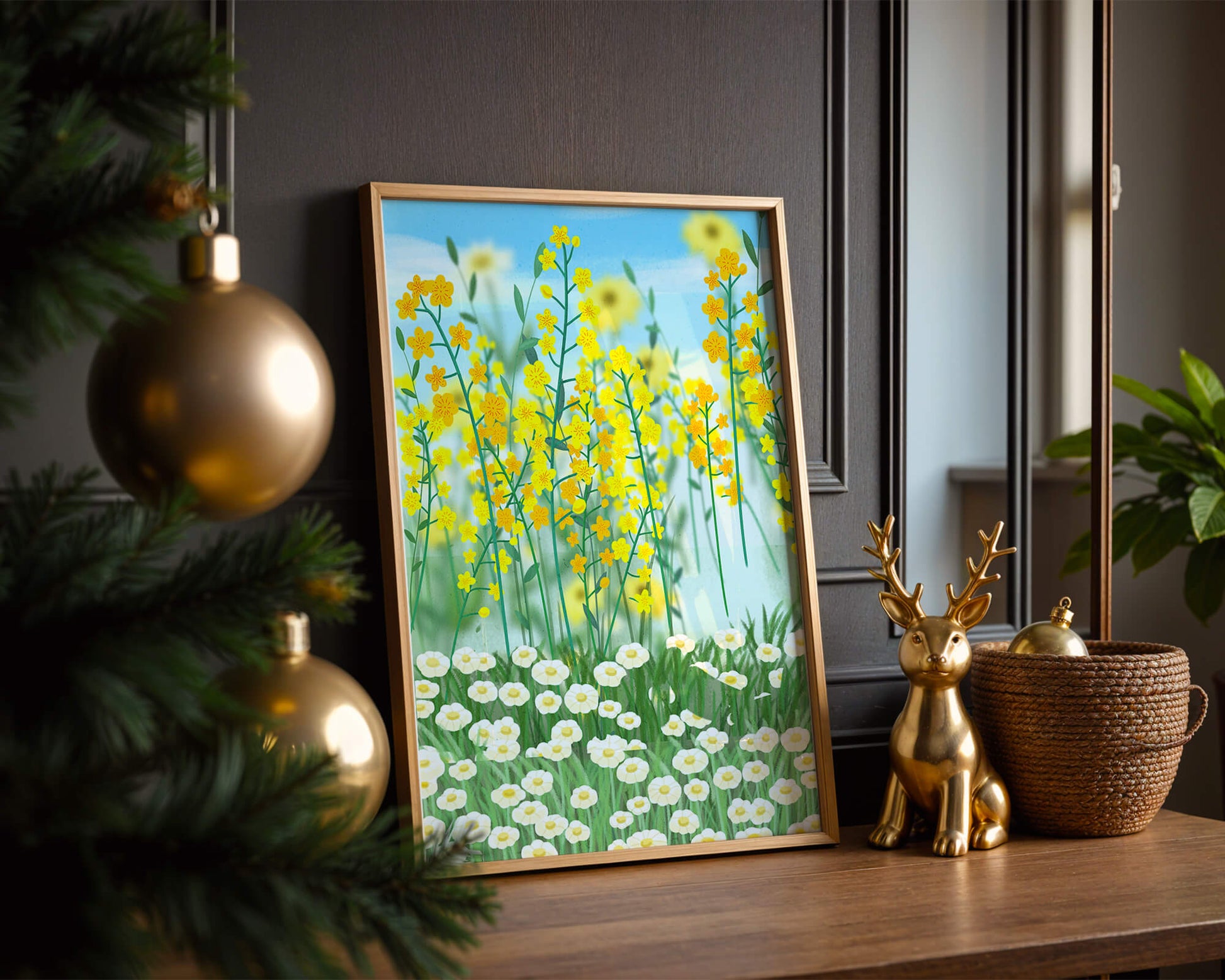 Springtime Meadow With Blooming Yellow And White Flowers