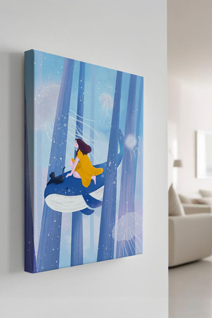 Dreamlike scene with girl, cat, and whale in an ethereal ocean