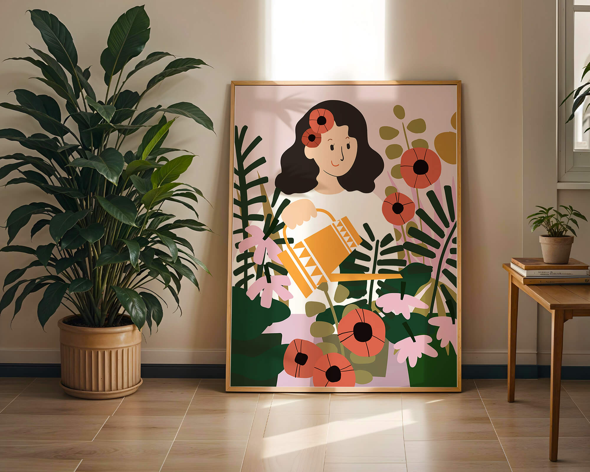 Woman watering plants surrounded by vibrant flowers and greenery