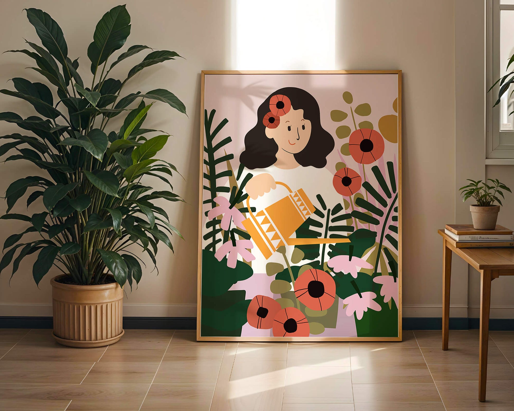 Woman watering plants surrounded by vibrant flowers and greenery