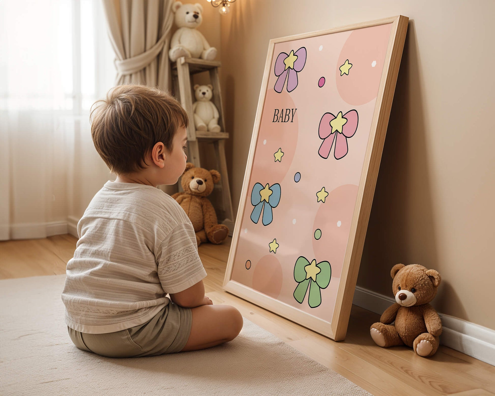Colorful baby-themed backdrop with bows and stars
