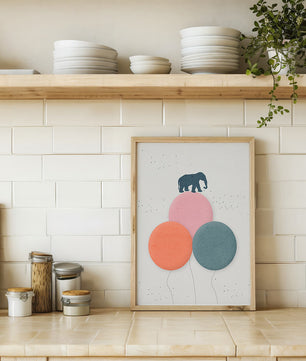 An Elephant Balancing on Colorful Balloons in a Minimalist Design - Mi tienda