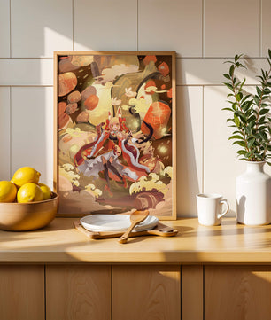 Vibrant fantasy scene with animated character and whimsical creatures