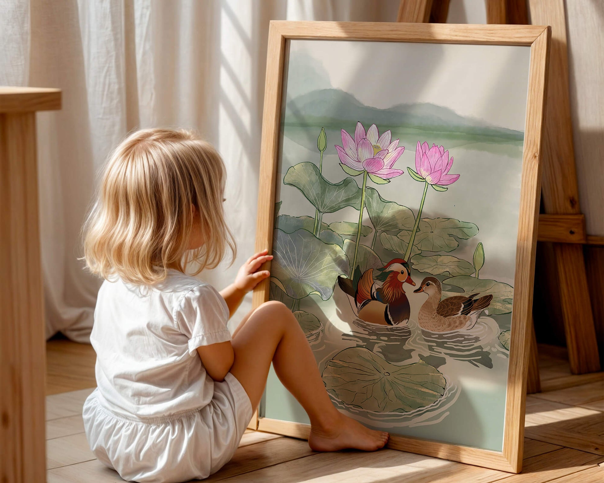 Patos mandarines y flores de loto en un estanque tranquilo