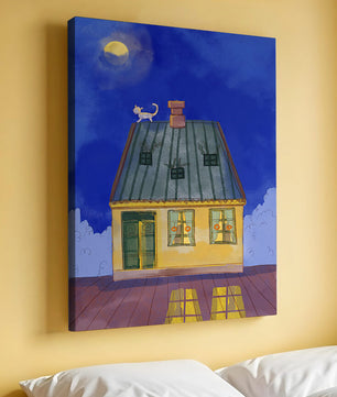 Charmantes nächtliches Haus mit einer Katze auf dem Dach unter dem Mond 