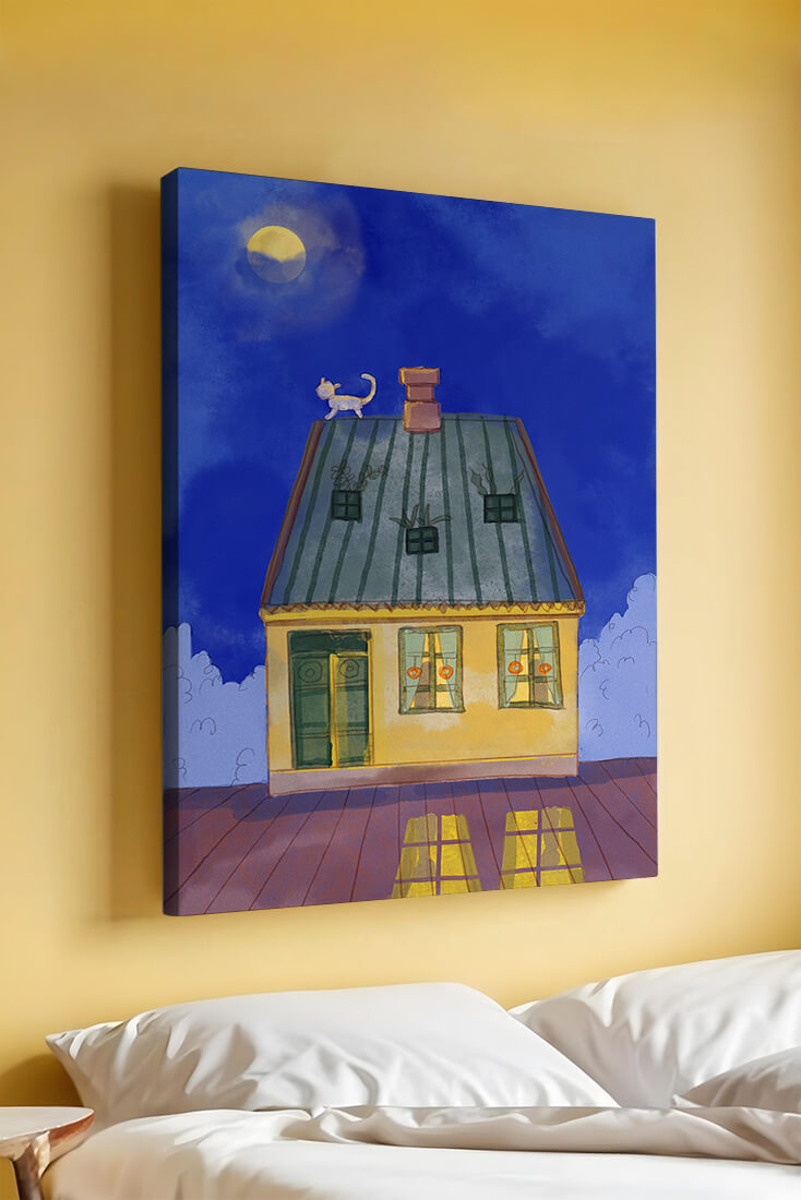 Charming Nighttime House with a Cat on the Roof Under the Moon