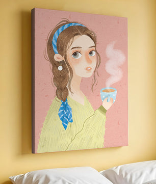 Illustration d'une fille avec un bandeau tenant une tasse fumante