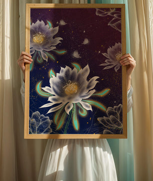 Floral Fantasy with Glowing Elements and Butterflies in Night Sky