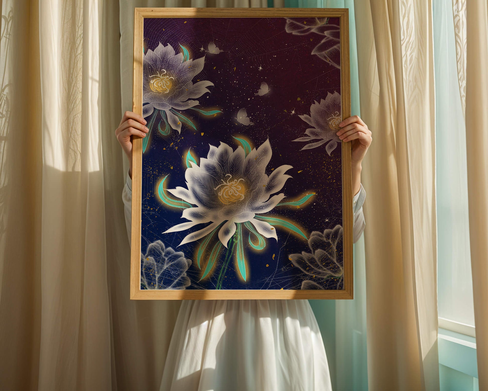 Floral Fantasy with Glowing Elements and Butterflies in Night Sky