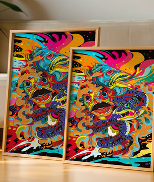 Arte abstracto de peces coloridos con elementos vibrantes