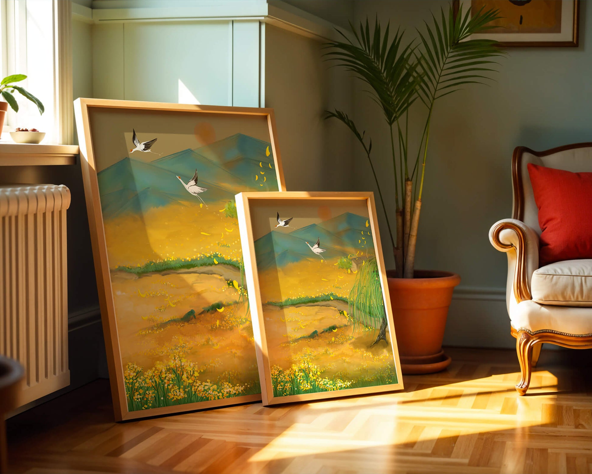Ruhige Landschaft mit fliegenden Kranichen und goldenen Blüten