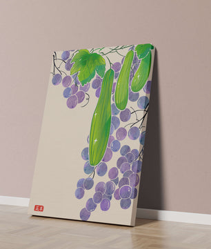 Ilustración de uvas y pepino con colores vibrantes y hojas