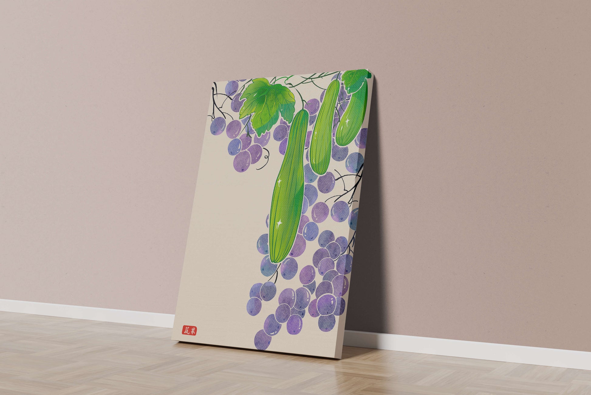 Ilustración de uvas y pepino con colores vibrantes y hojas