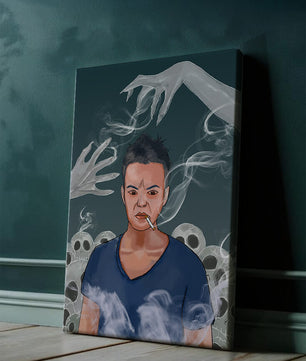 A Person Surrounded by Smoke and Ghostly Hands with Skulls in the Background