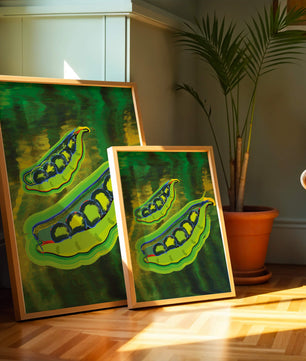 Ilustración abstracta de guisantes verdes coloridos con fondo vibrante