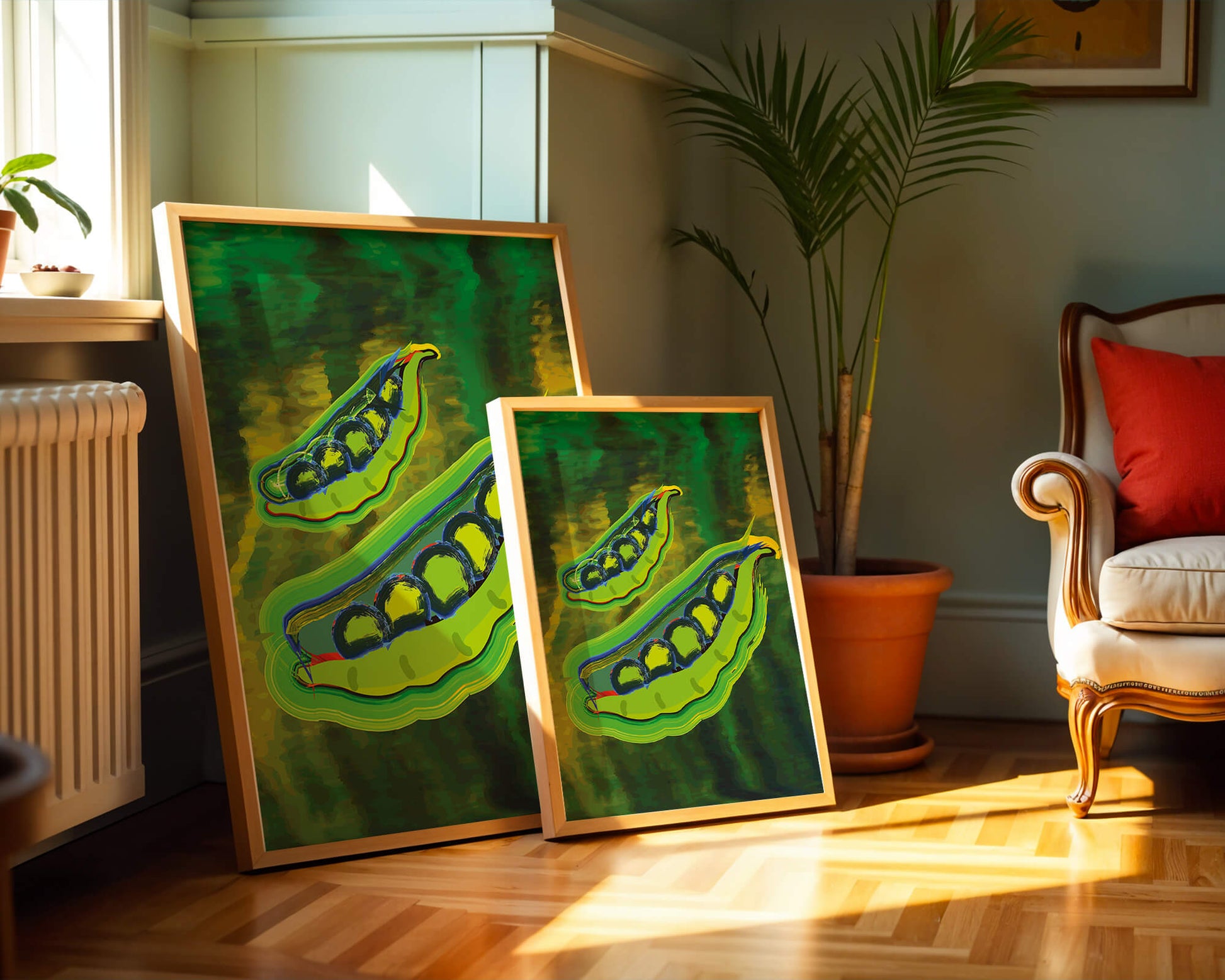 Ilustración abstracta de guisantes verdes coloridos con fondo vibrante