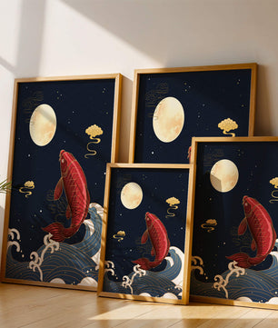 Ilustración artística de peces koi saltando sobre las olas bajo la luz de la luna