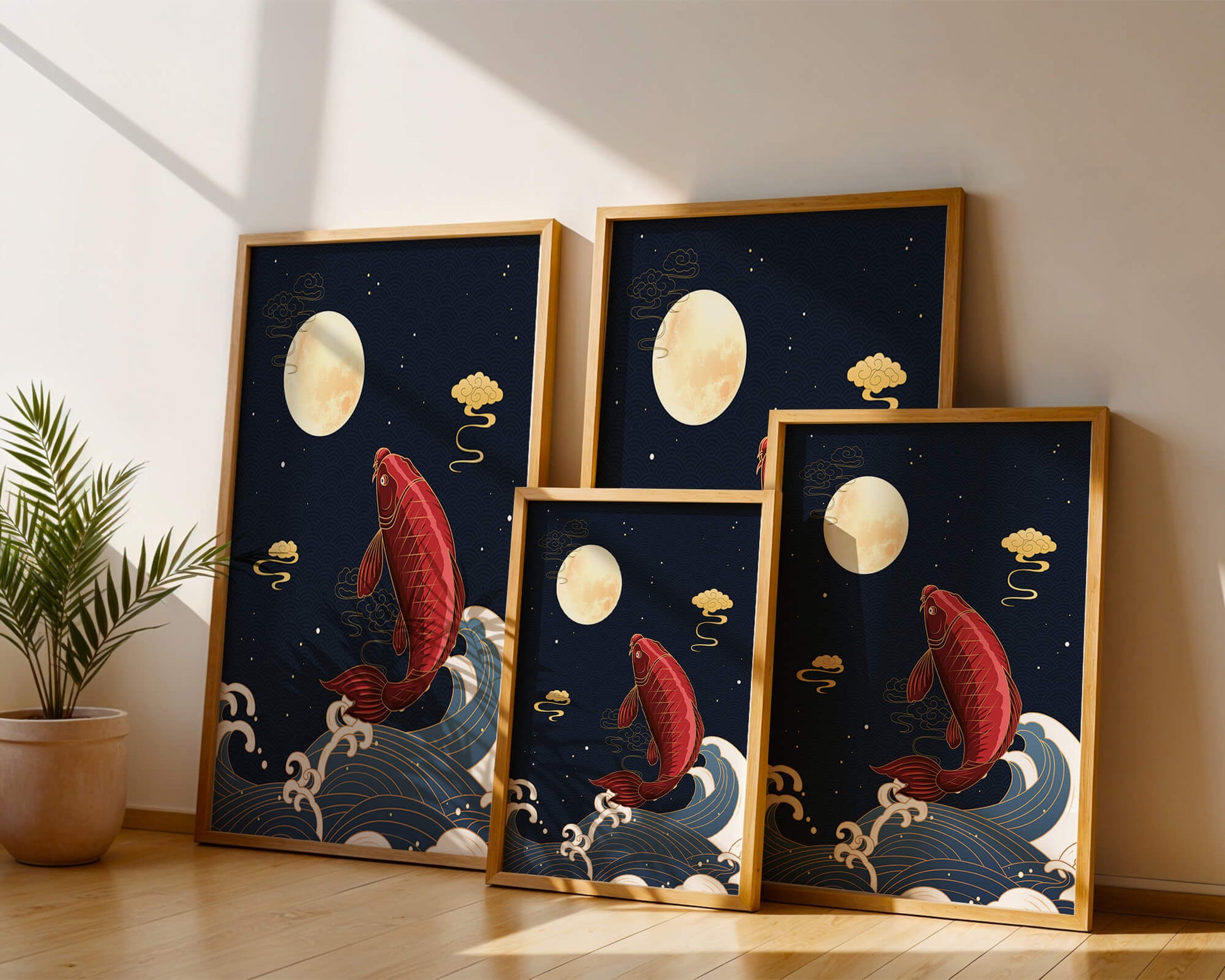 Artistic illustration of koi fish jumping over waves under moonlight