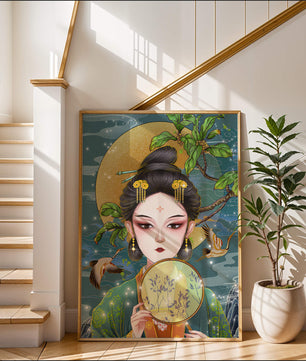 Elegante representación de una mujer con atuendo tradicional sosteniendo un abanico decorativo
