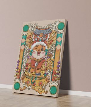 Bunte Illustration eines niedlichen Tieres in traditioneller Festtagskleidung mit goldenen Elementen