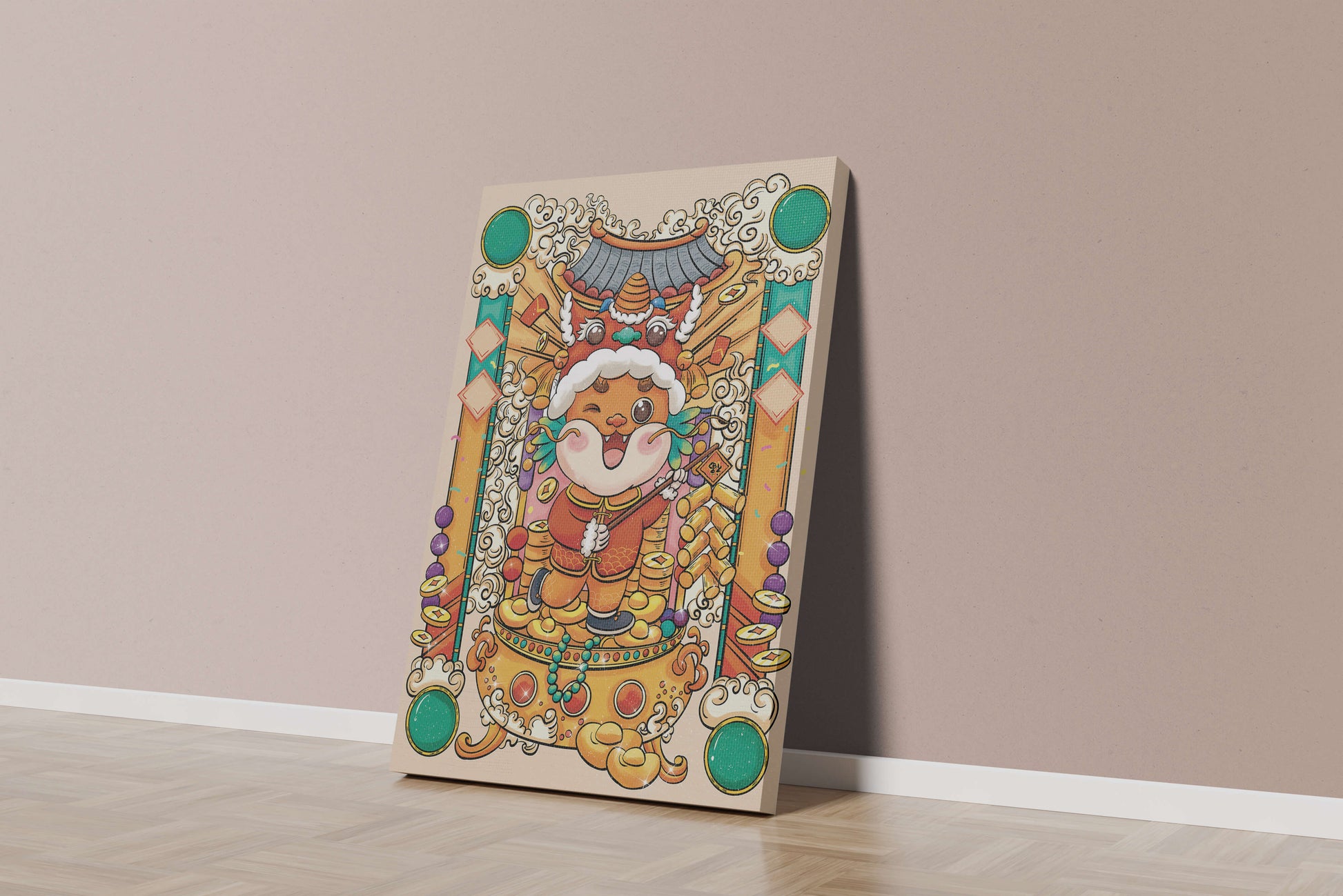 Ilustración colorida de un animal lindo en atuendo festivo tradicional con elementos dorados