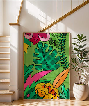 Colorful botanical illustration with vibrant tropical elements