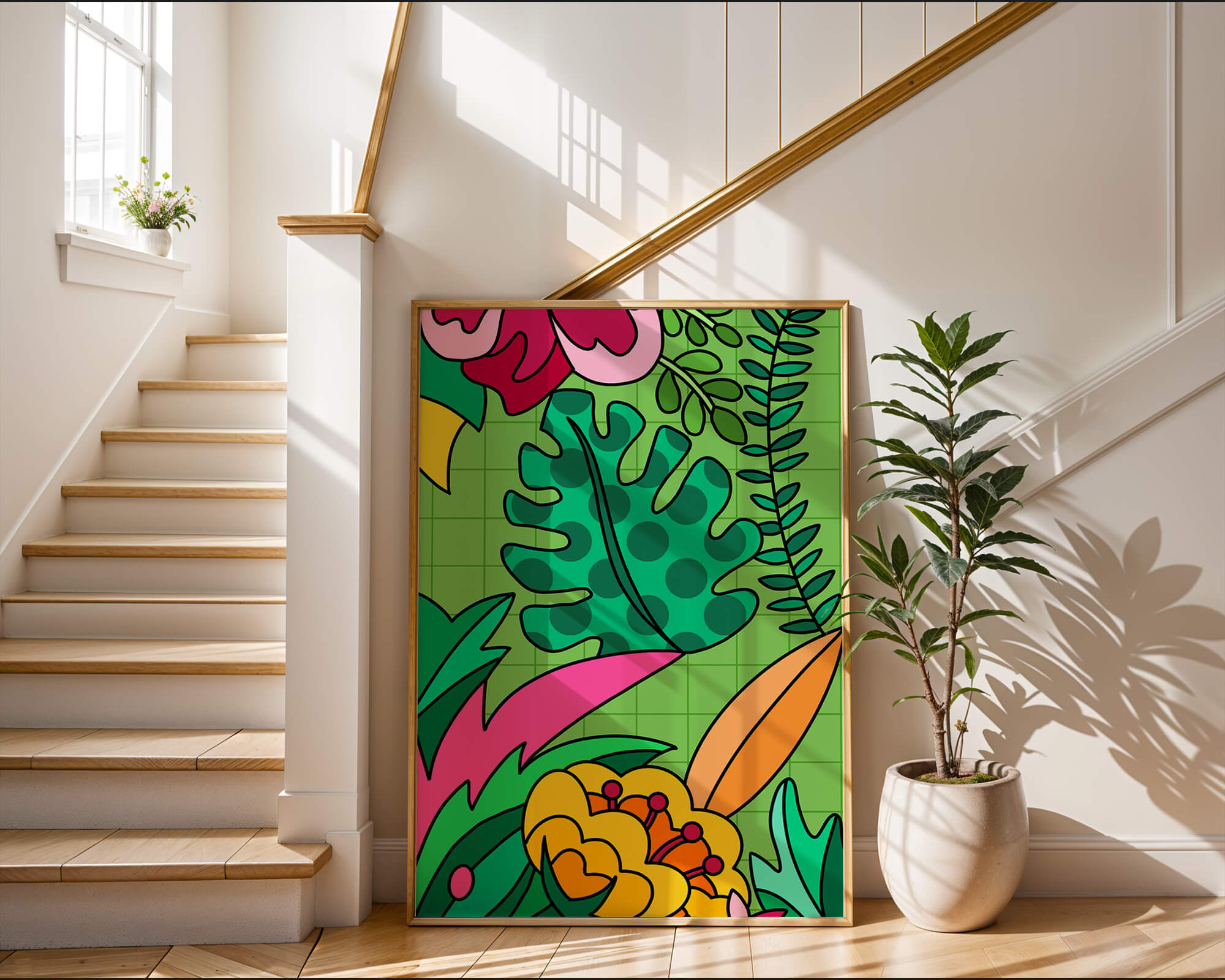 Colorful botanical illustration with vibrant tropical elements