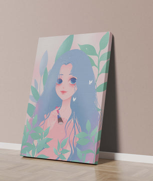Illustration of a blue-haired girl surrounded by greenery