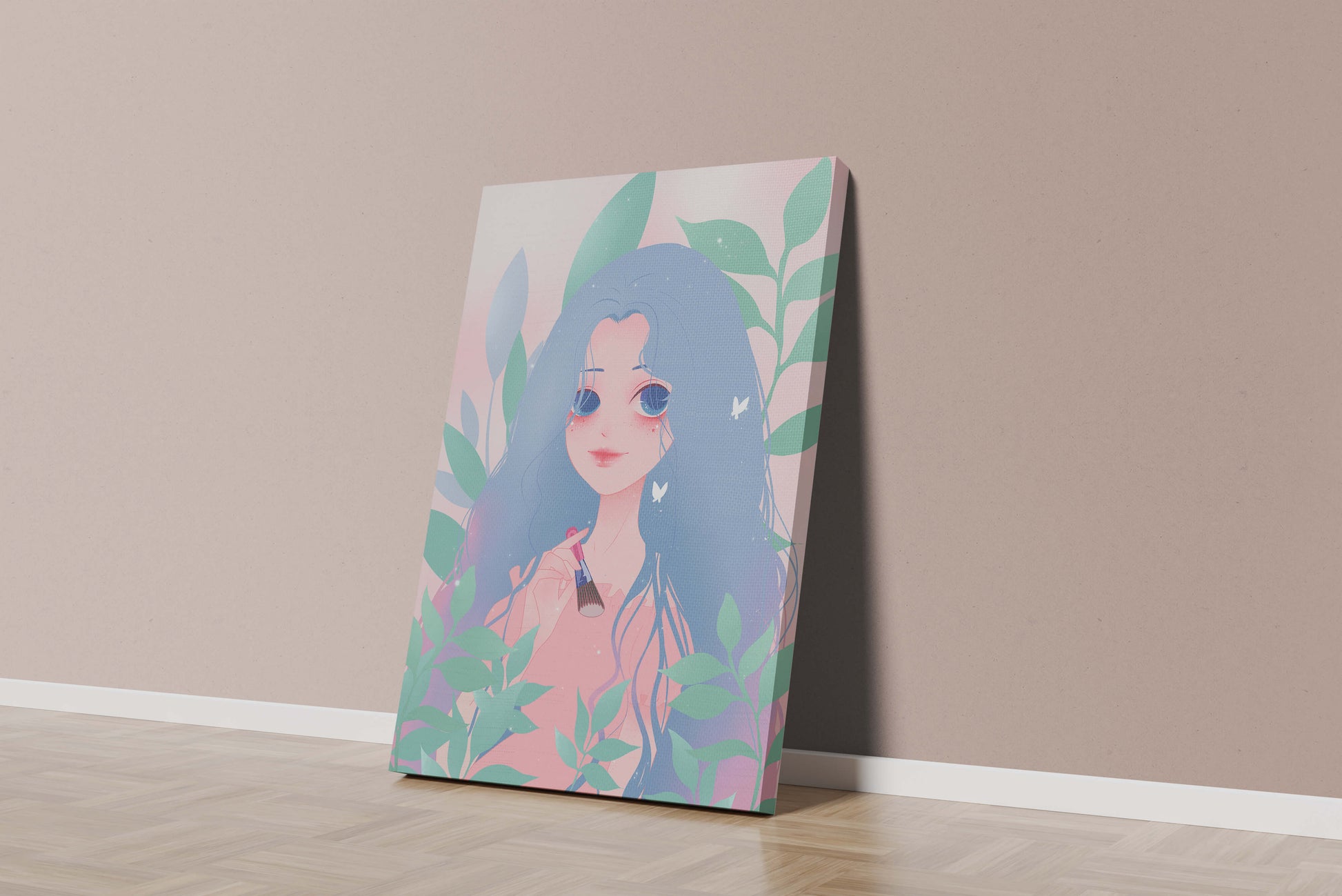 Illustration of a blue-haired girl surrounded by greenery