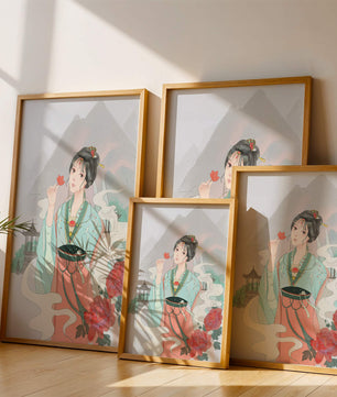 Elegant Asian woman with flowers and mountain background