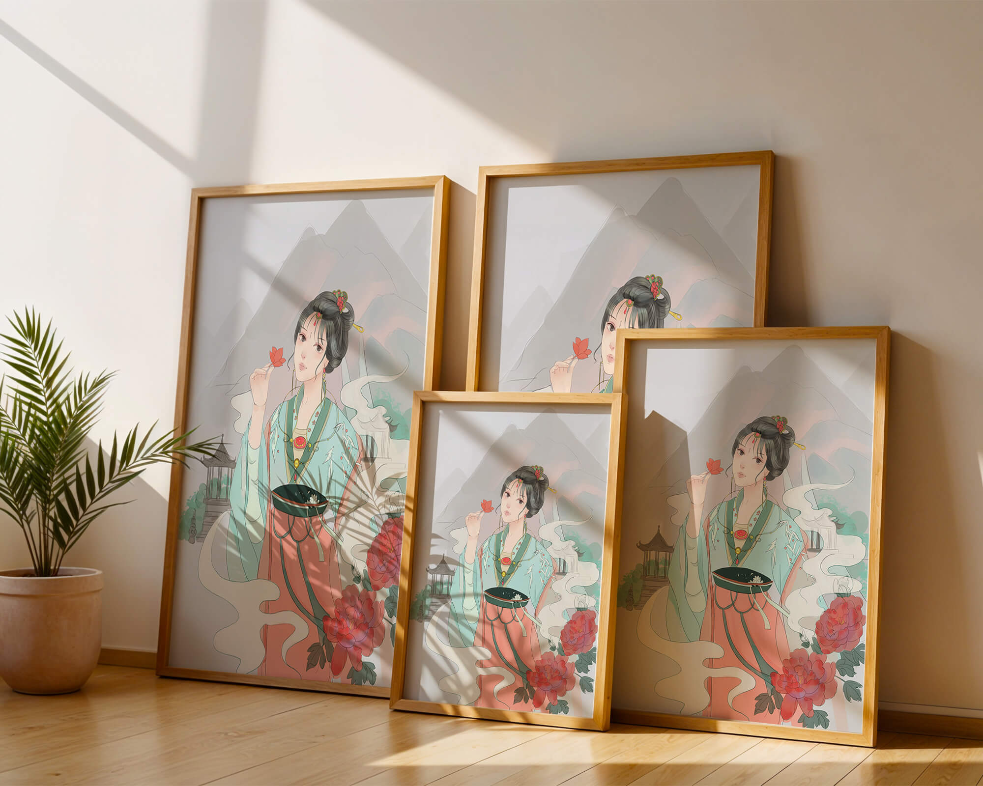 Elegant Asian woman with flowers and mountain background