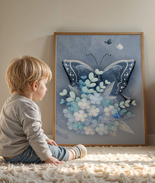 Floral and butterfly digital artwork in calming blue shades