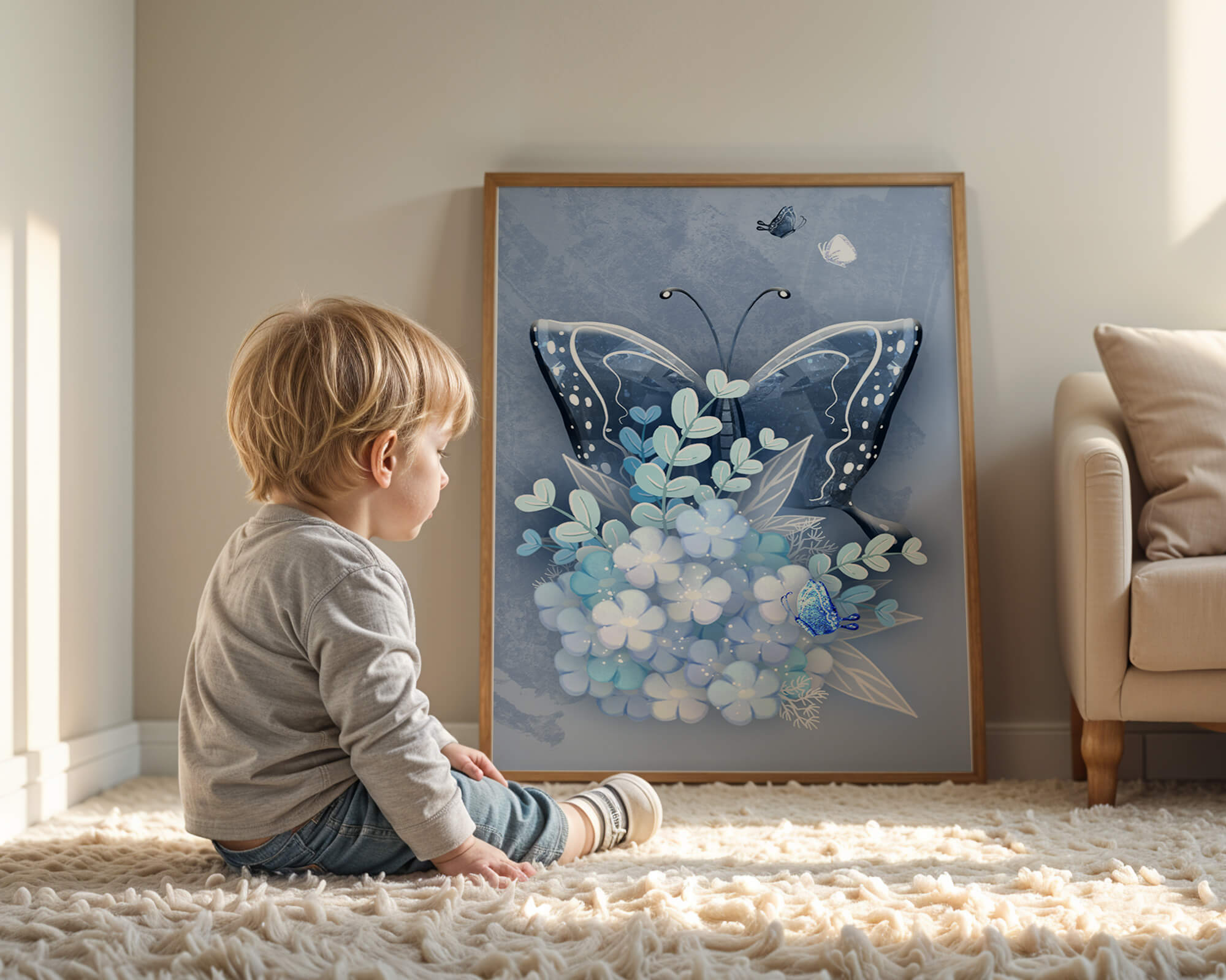 Floral and butterfly digital artwork in calming blue shades