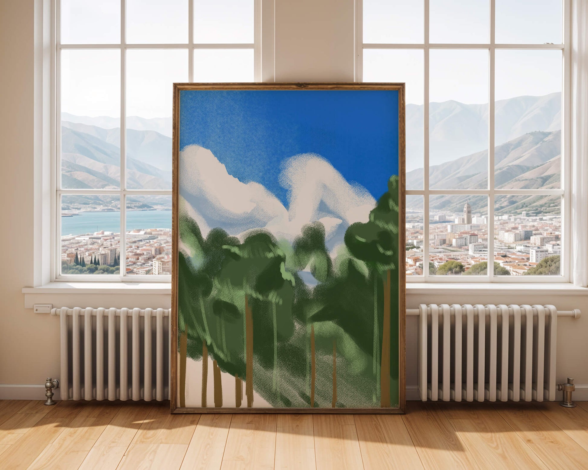 Malerische Waldlandschaft mit blauem Himmel und flauschigen Wolken