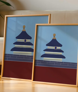 Ilustración abstracta del Templo del Cielo con detalles azules y dorados