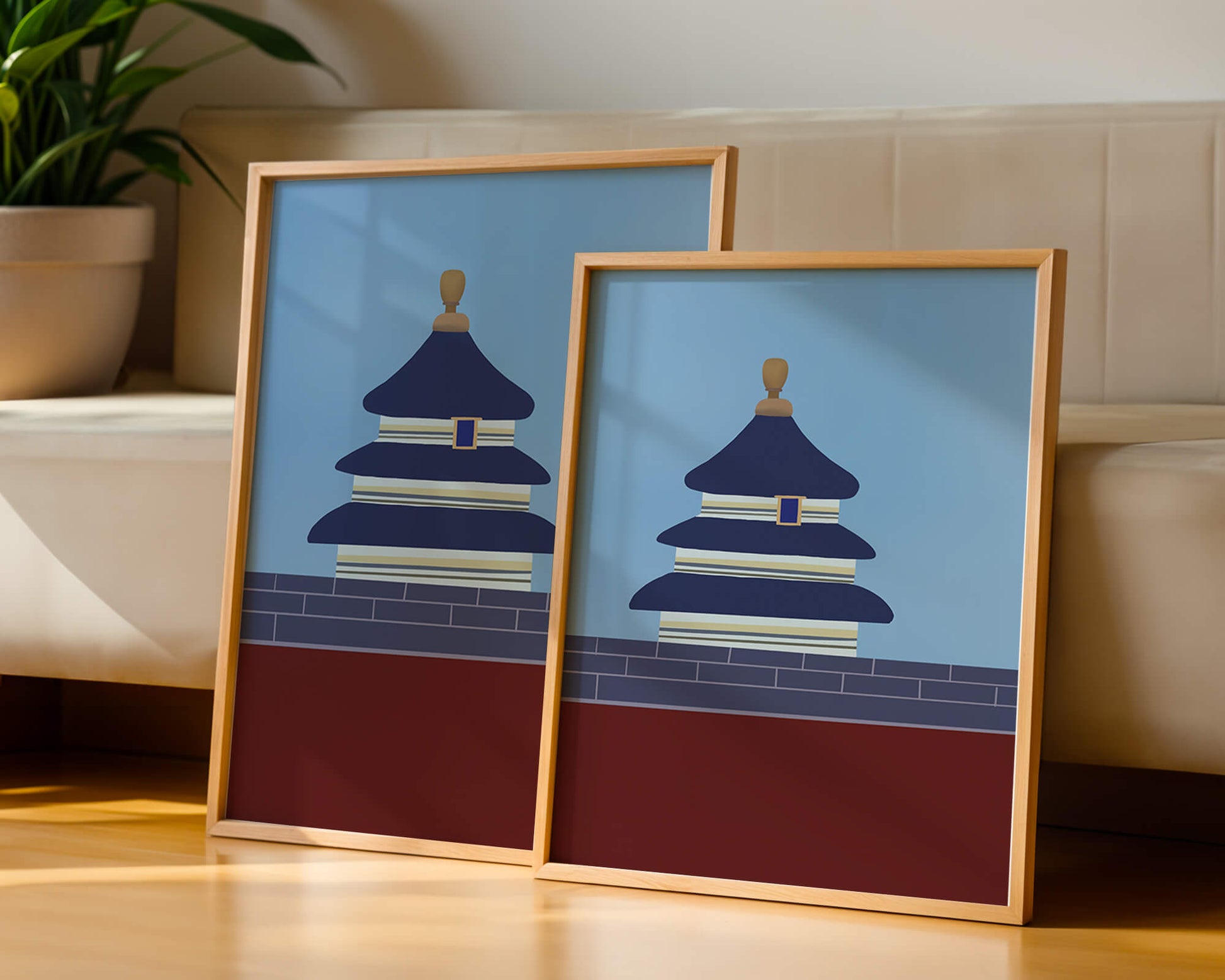 Ilustración abstracta del Templo del Cielo con detalles azules y dorados