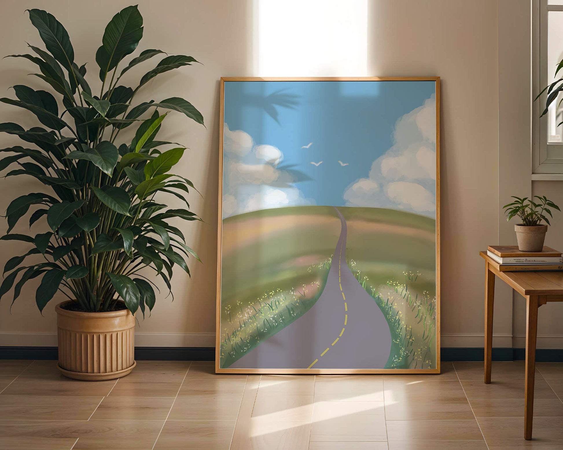 Serene countryside road with vibrant sky and rolling hills