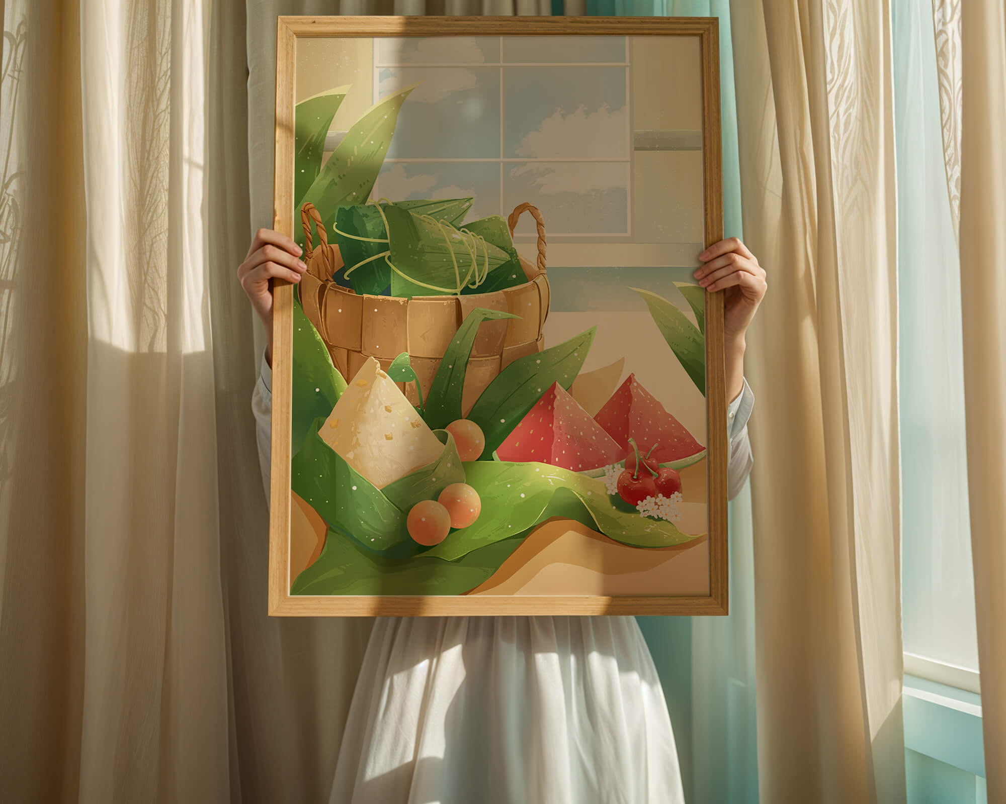 Serene kitchen scene with basket of fruits and leaves