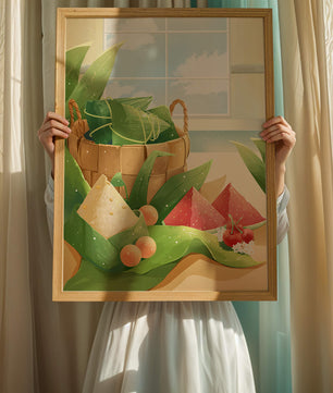 Scène de cuisine sereine avec un panier de fruits et de feuilles