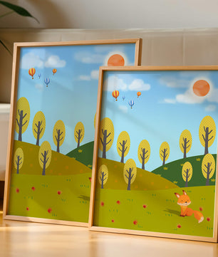 Whimsical landscape with hot air balloons and a fox in autumn scenery